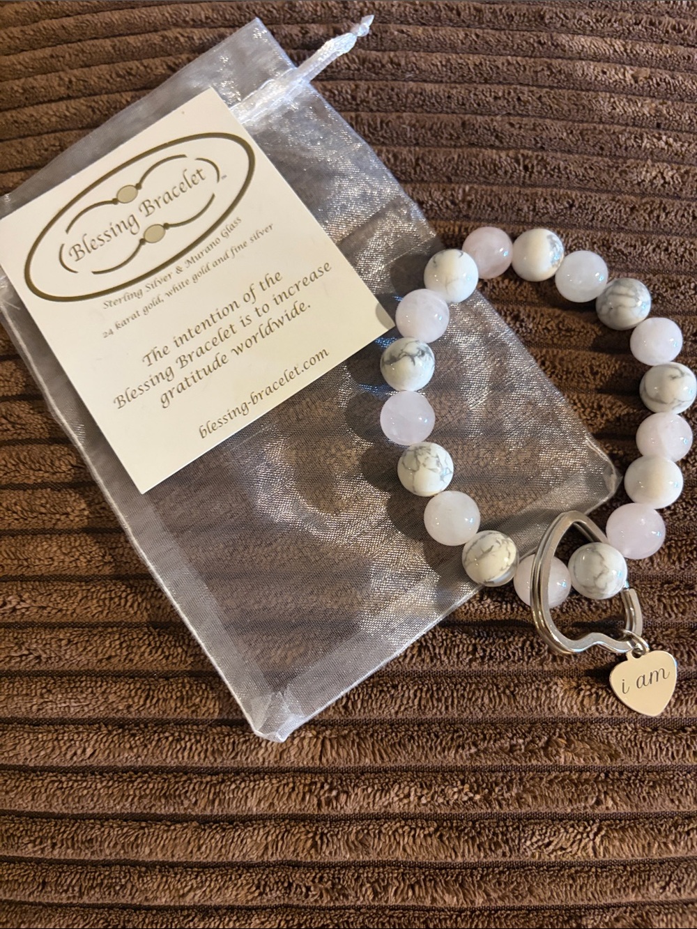 Made As Intended rose quartz Beaded key ring Bracelet with Heart Charm